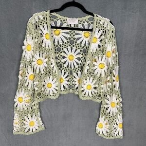 Audrey Parks Cardigan Women Large Daisy Crochet Bell Sleeve Boho Festival Beach